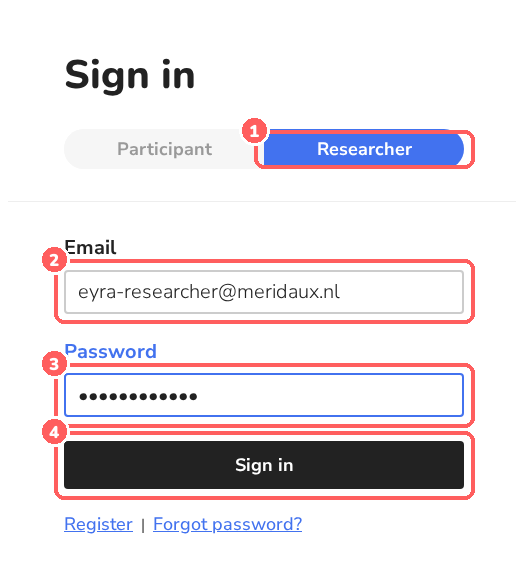 Sign in form with the Researcher tab selected