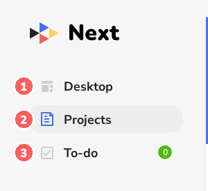 Main menu with Desktop, Projects and To-do