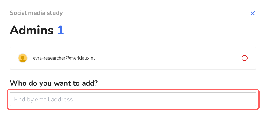 Admins dialog with a search field for email addresses