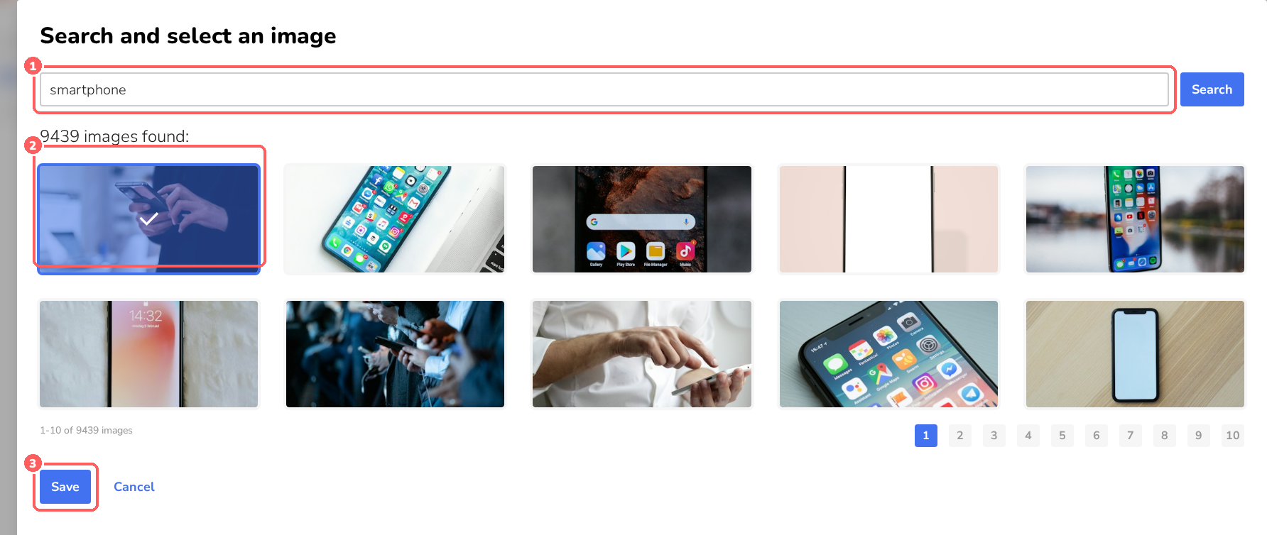 Image search dialog with search results