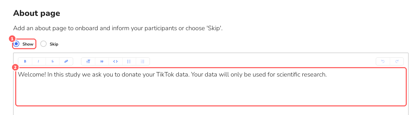 About page section with Show/Skip and a text editor
