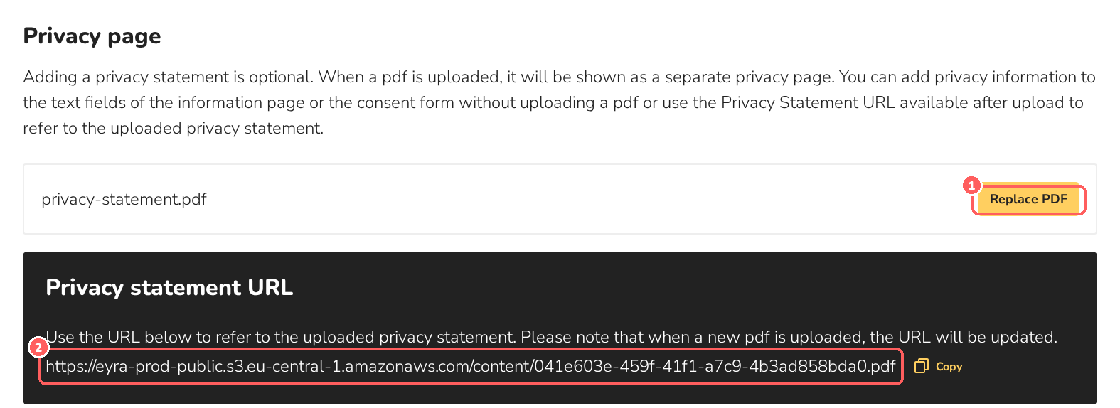 Privacy page section with an uploaded PDF and its URL