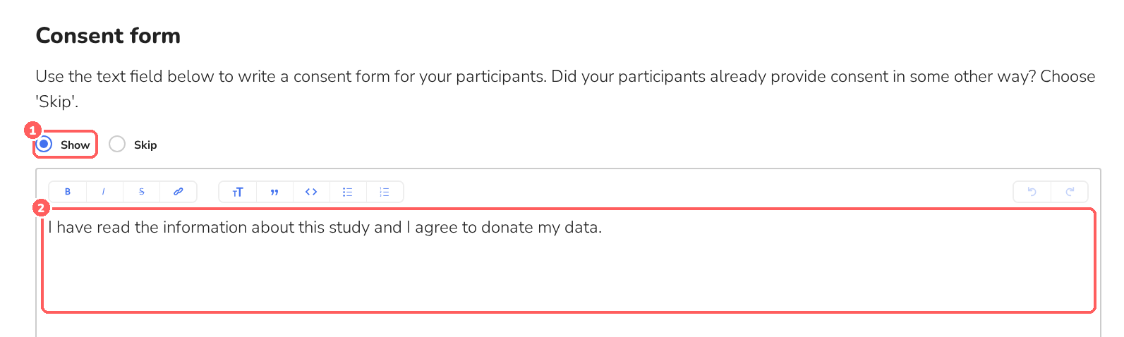 Consent form section with Show/Skip and a text editor