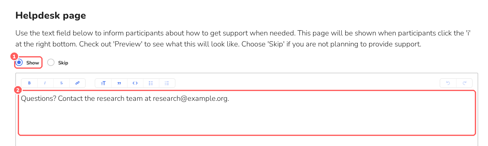 Helpdesk page section with Show/Skip and a text editor