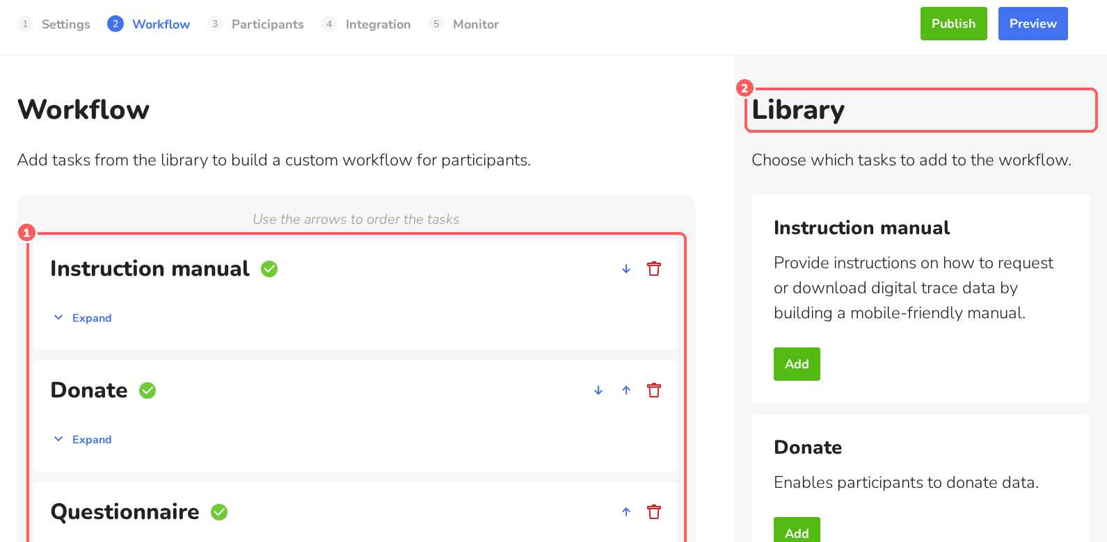 Workflow tab with the task list and the library