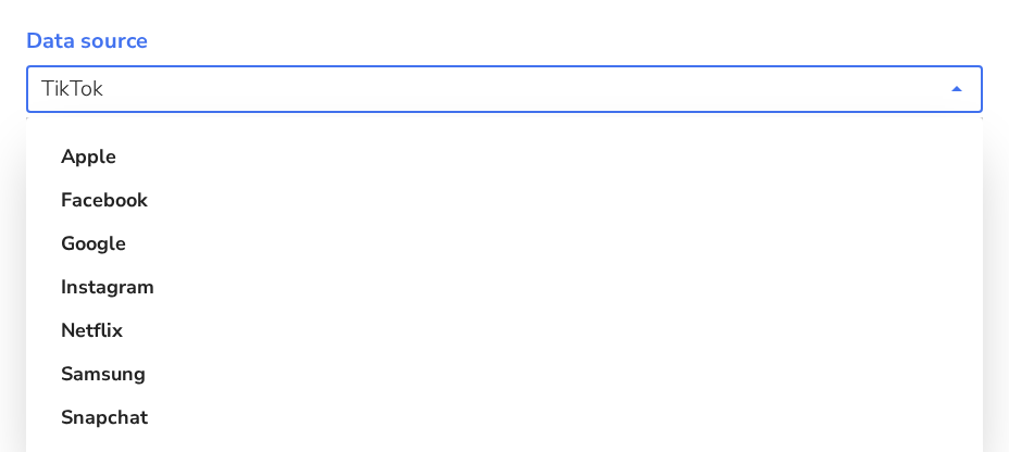 Data source dropdown with platforms