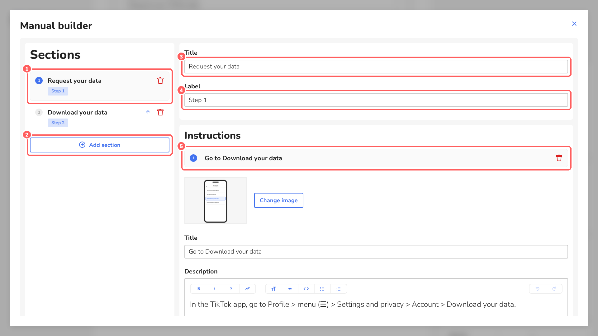 Manual builder with sections and instructions