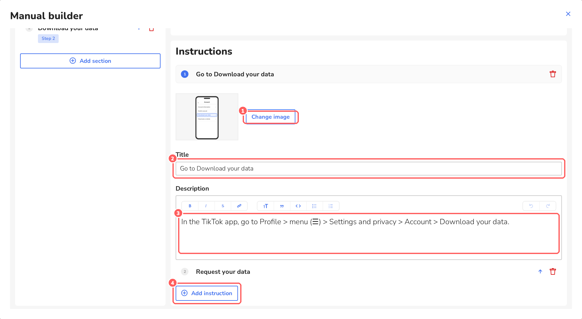Editing an instruction with image, title and description