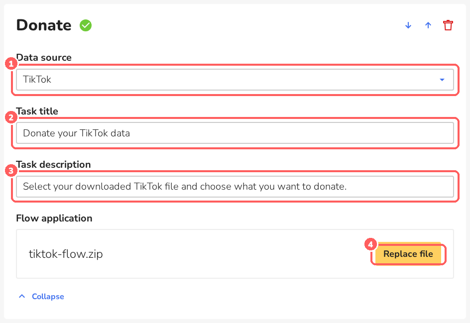 Expanded Donate task with the uploaded flow application