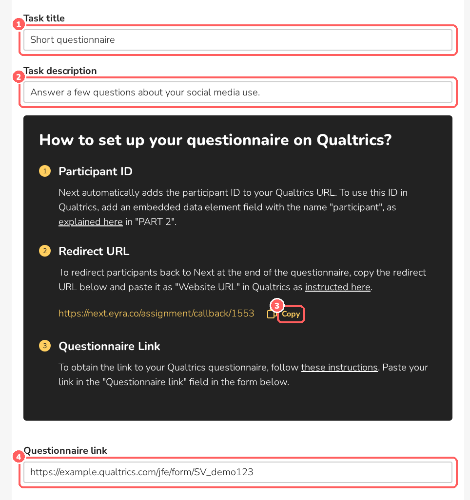 Expanded Questionnaire task with Qualtrics instructions