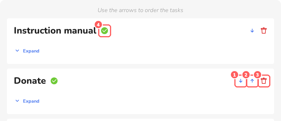 Task list with arrows, bin and green check mark