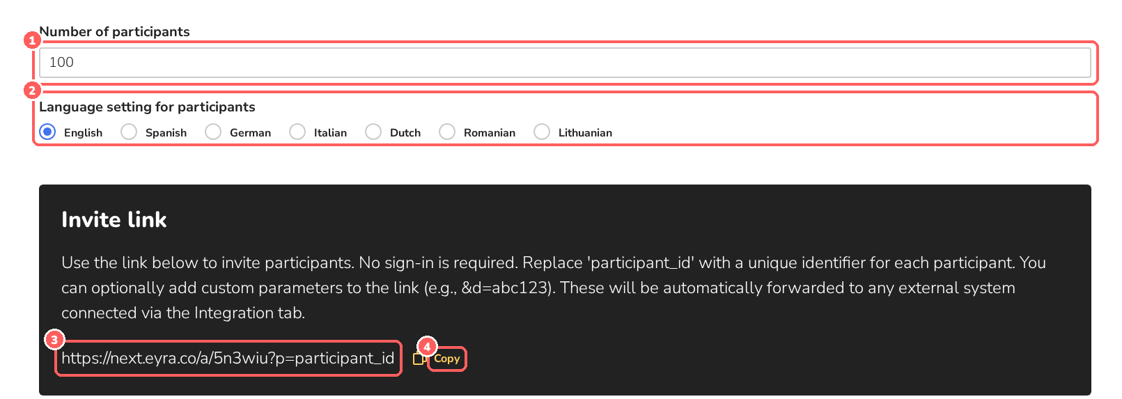 Participants tab with number of participants, language and invite link