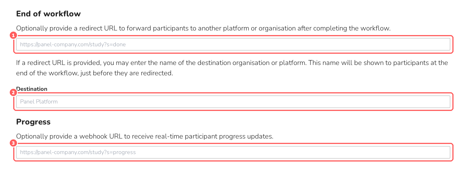 Integration tab with redirect URL, destination and progress webhook