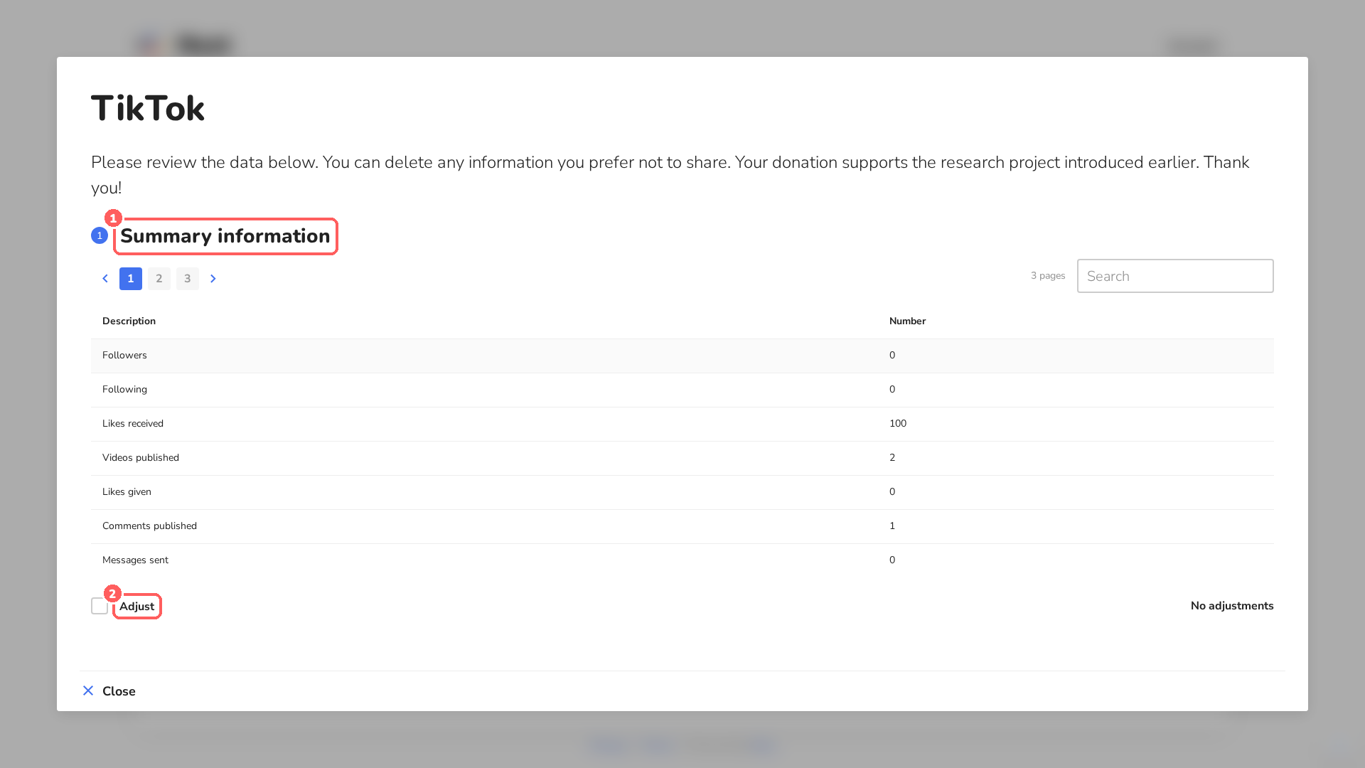 Participant view: reviewing the extracted data