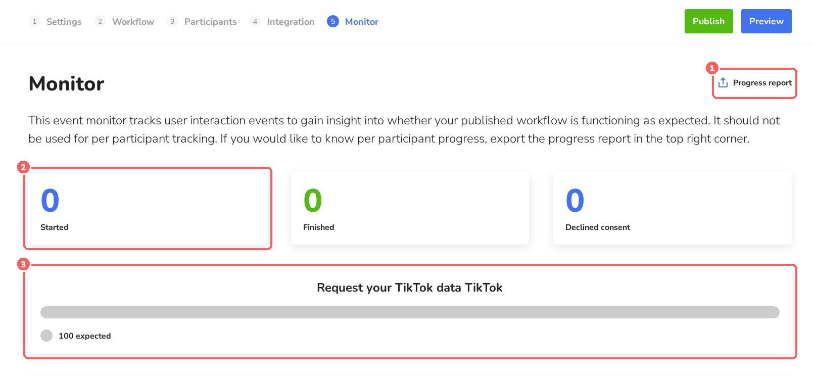 Monitor tab with counters and progress per task