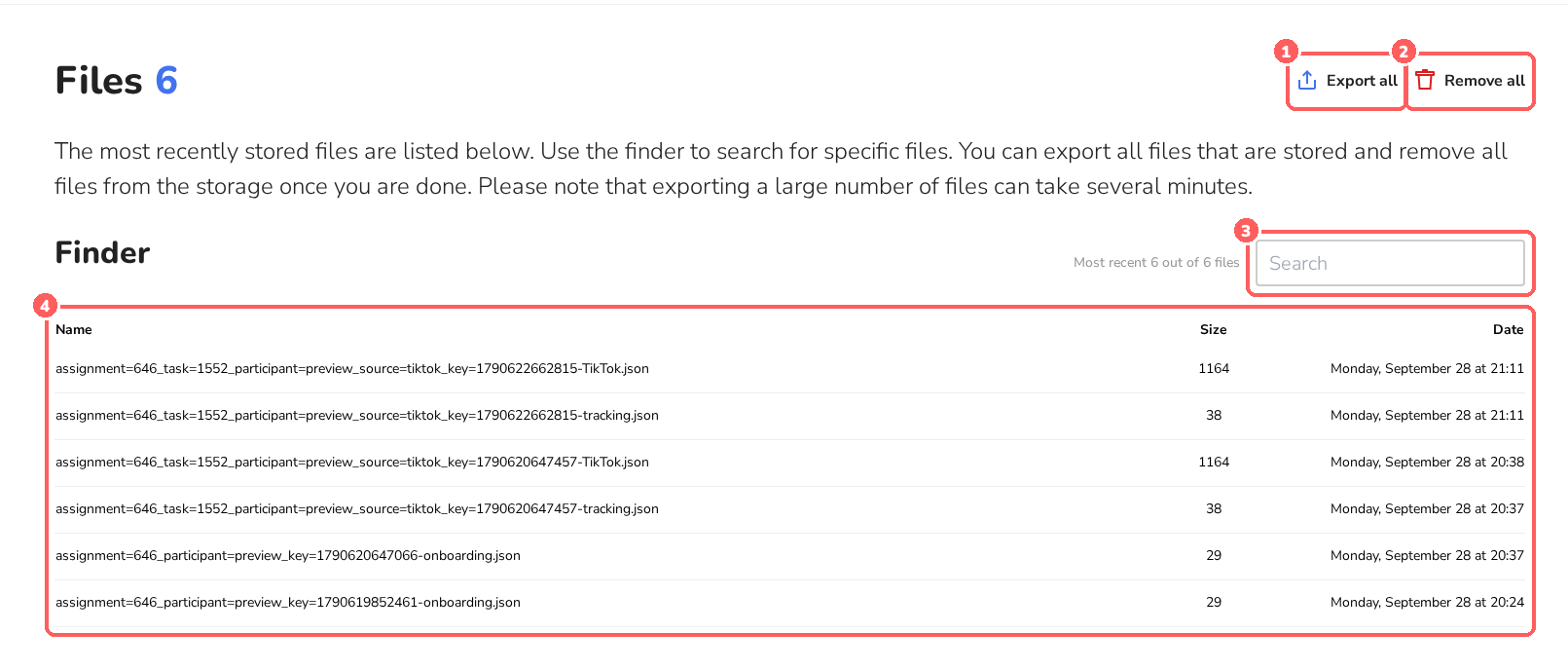 Files tab with Export all, Remove all, search and the file list